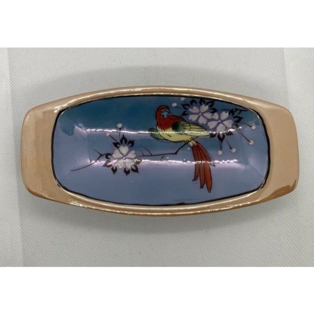 Nippon Hand Painted Iridescent dish with bird parrot on branch ~6.5" long